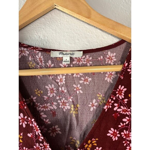 Madewell Tie Sleeve Wrap Top Burgundy Butterfly Size 2 - Picture 6 of 8